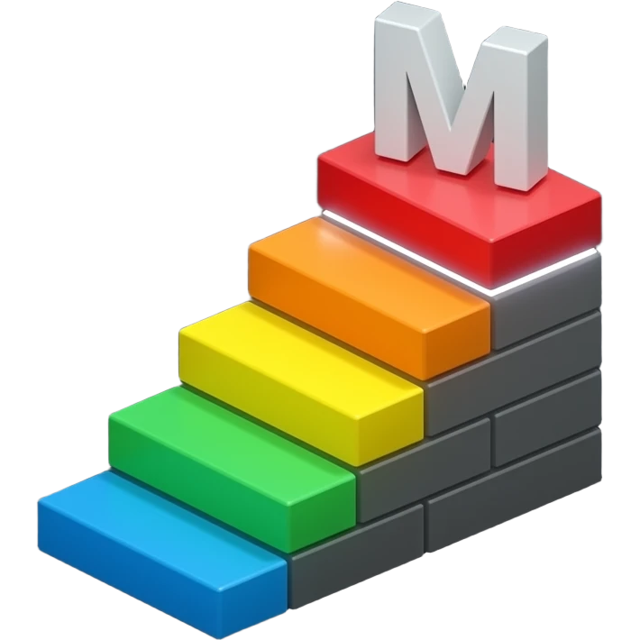 Minimalist 3D hierarchy stairs made of glowing red, orange, yellow, green, blue, charcoal grey blocks, stacked by decreasing brightness. Above the highest block, a sleek letter 'M' with a bright, cool-white glowing underline. Dark, textured background. Premium, corporate brand identity style emoji