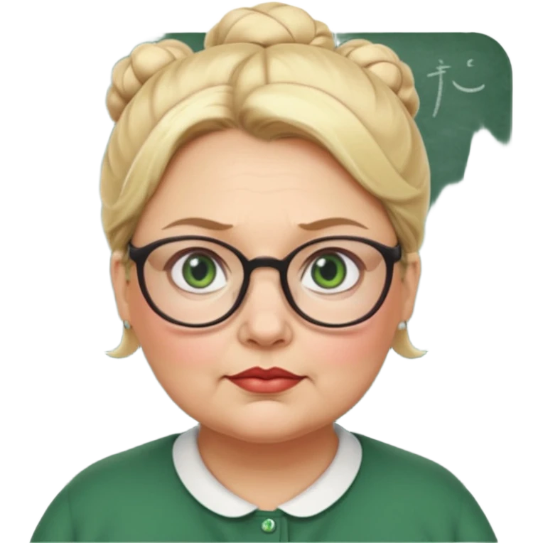 older teacher a little overweight with blonde bun green eyes and glasses full lips emoji