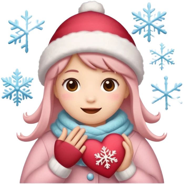 A kawaii Christmas emoji sticker, cozy winter vibes, soft colors, snowflakes, heart symbols, warm smile, cute and gentle style, festive and romantic.
 emoji