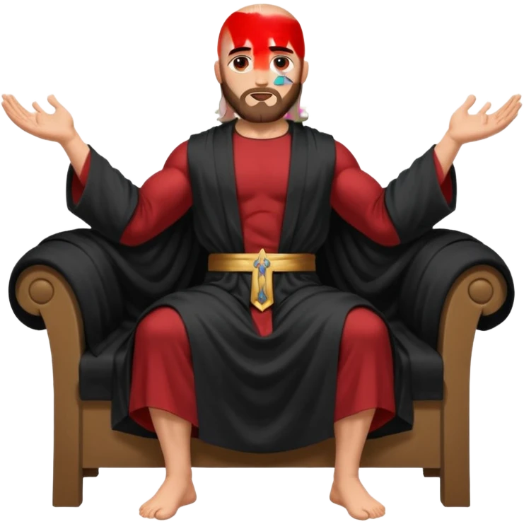 fullbody bald jesus christ jacked, sleeveless black robe sitting hands on armrests emoji
