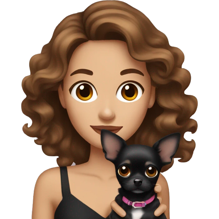 Pretty woman with brown wavy hair holding a black chihuahua  emoji