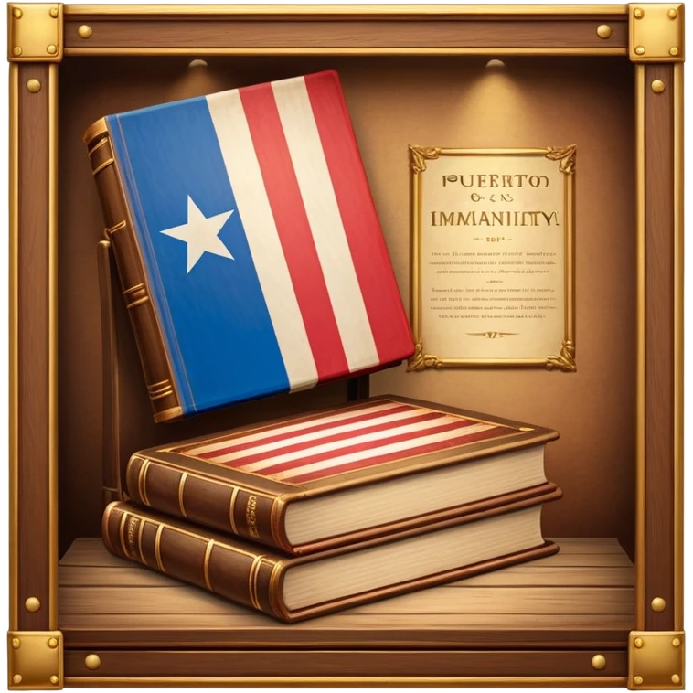 Historic book with theatre stage opening on cover, Puerto Rican flag visible on stage backdrop, wooden frame elements, glowing with warm light suggesting immortality of cultural heritage emoji