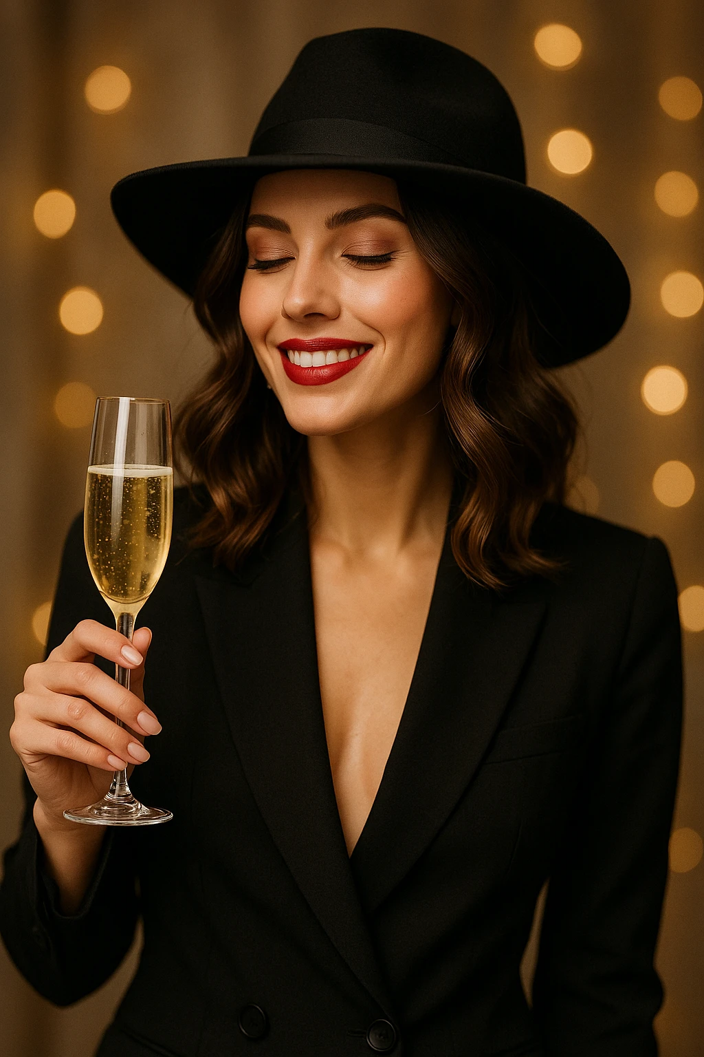 A woman with a hat holding a glass of champagne emoji