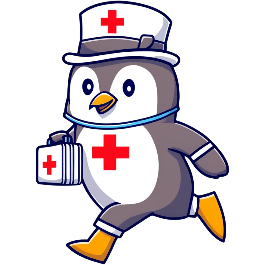 side view of a doctor penguin running with a top hat holding a first aid medical box with a red cross emoji