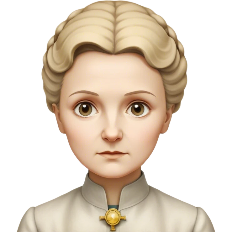 Cinematic Realistic Marie Curie Portrait Emoji, depicted as a pioneering scientist with a determined gaze in period attire, rendered with detailed textures and soft intellectual lighting that captures her groundbreaking legacy. emoji