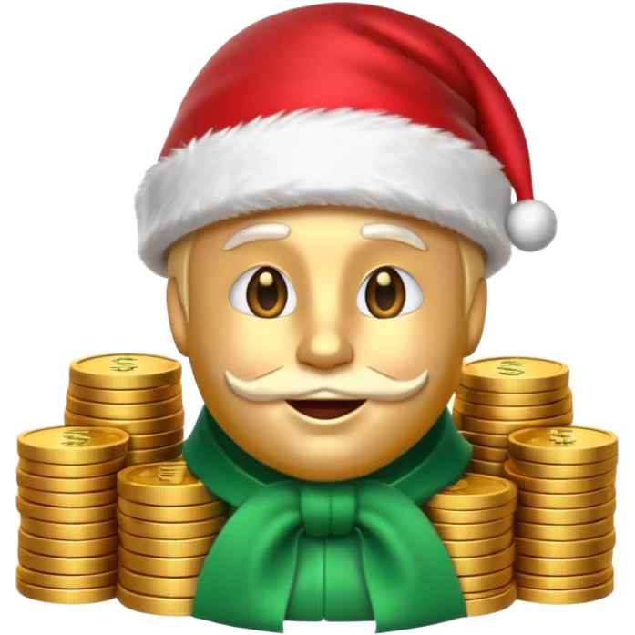 A confident rich emoji face wearing a Santa hat, money stacks, casino vibe, New Year theme, premium 3D emoji style, sharp details, no text, isolated on transparent background emoji