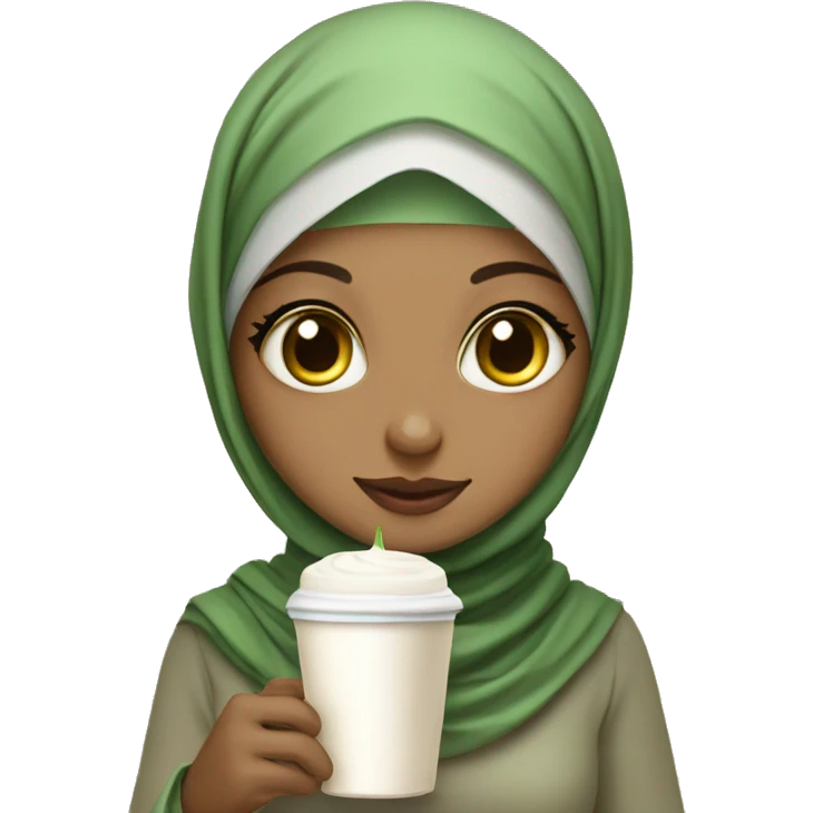 cute hijabi girl with big eyes and with matcha latte in her hands emoji
