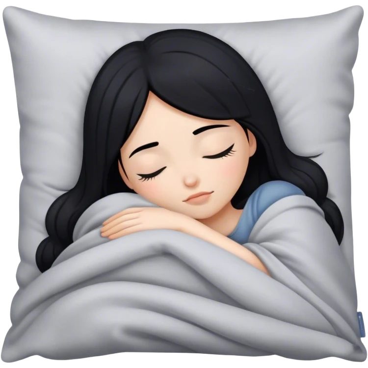 a girl with black hair sleeping on a gray pillow under a blanket  emoji