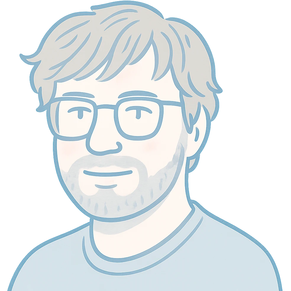 A man with stylish glasses, attractively disheveled longer hair with perfectly styled bangs that frame the face, a round but not chubby face shape, and a broader nose. Use washed-out blue for primary outlines, delicate pink highlights for dimension, and soft gray for the beard and shadow details. emoji