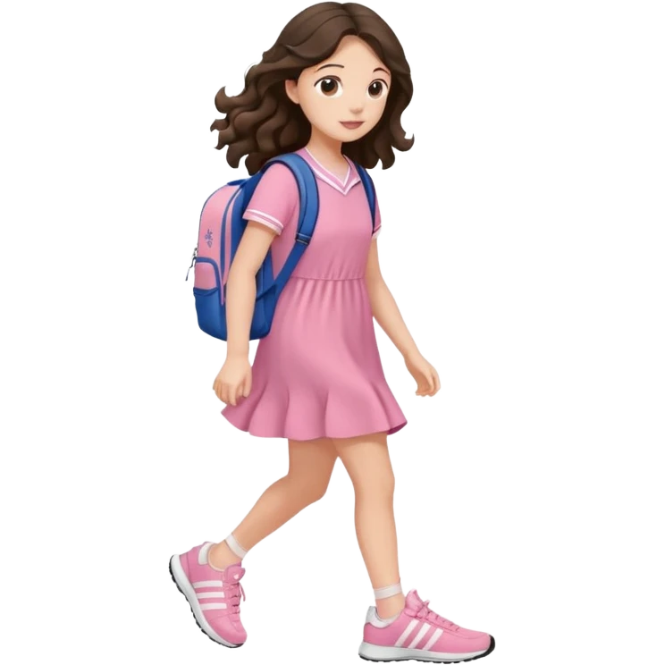 aestethic brunette very long wavy hair walking with a school backpack, with a cute pink dress, adidas shoes emoji