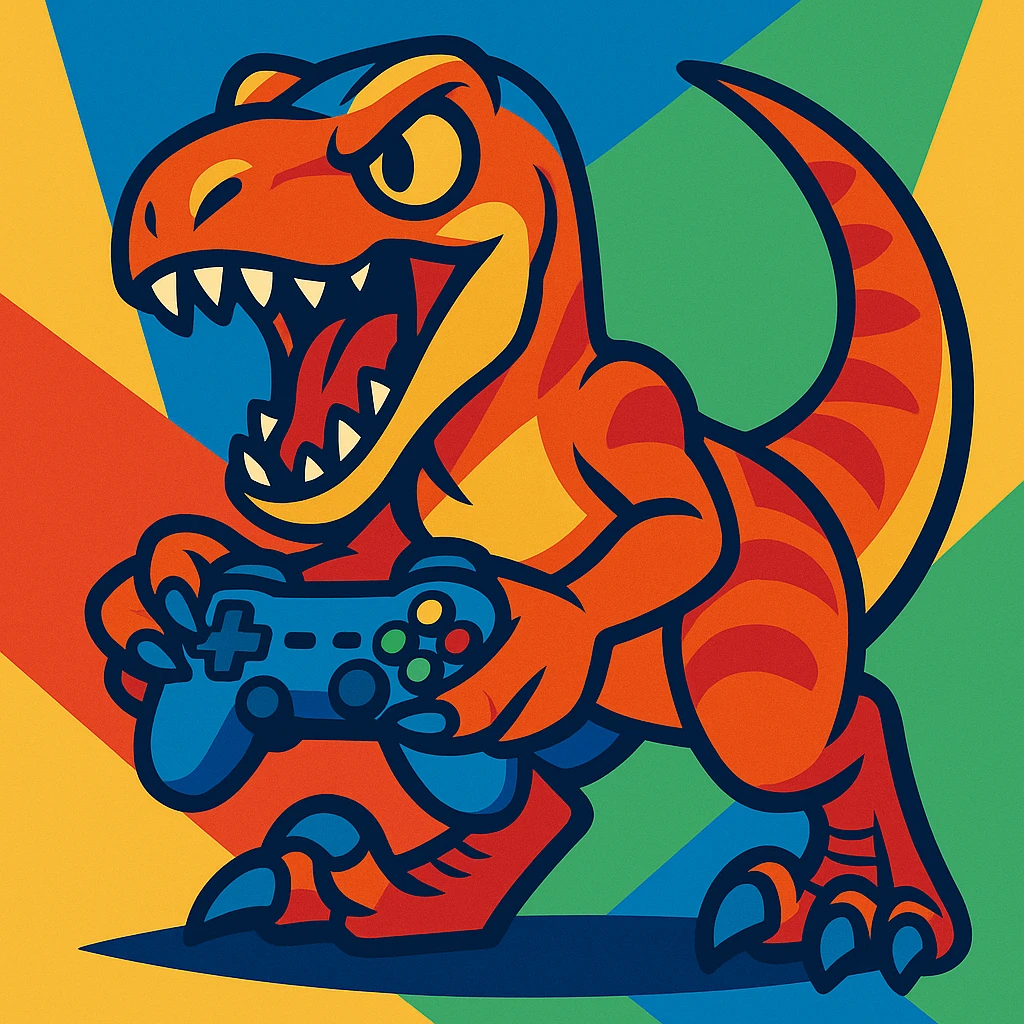 a gaming raptor, fierce dinosaur holding a game controller, dynamic pose, vibrant colors emoji