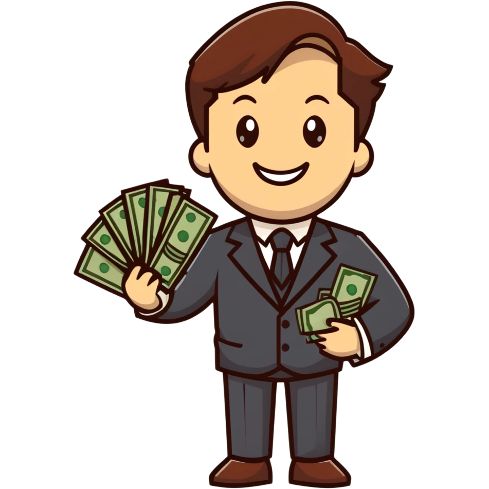 white male in a suit with money in his hand, smiling expression, happy face, brown hair emoji
