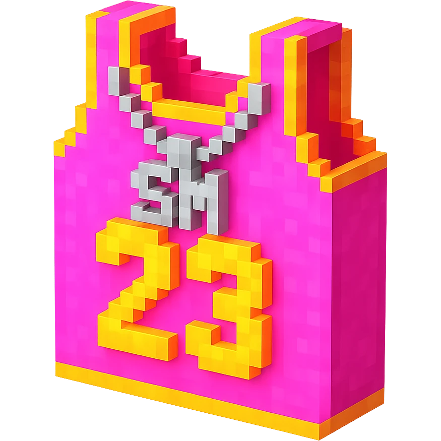 светящейся розовая баскетбольная майка с надписью "23" и серебряная цепь с надписью "SM", no background emoji