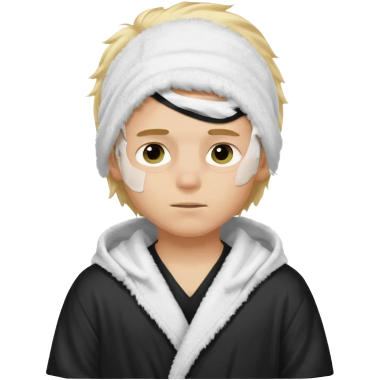 Create a blond boy with long, messy hair, light eyes, a white t-shirt, rich, with long hair, blue eyes, medium-length, voluminous hair, wearing a black Nike bathrobe and a little blush near his nose. and with a  balaclava, but showing her hair. emoji