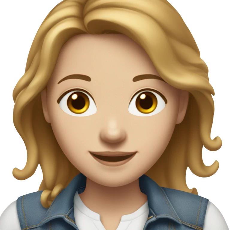White girl with medium length light brown hair in denim jeans and white shirt smiles emoji