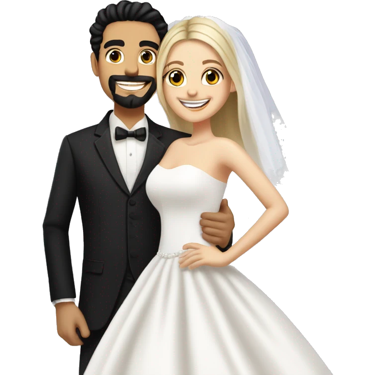 Wedding couple with Handsome middle eastern man with goatee and black hair has big smile with bride who has blonde hair , hair down , and beautiful  emoji