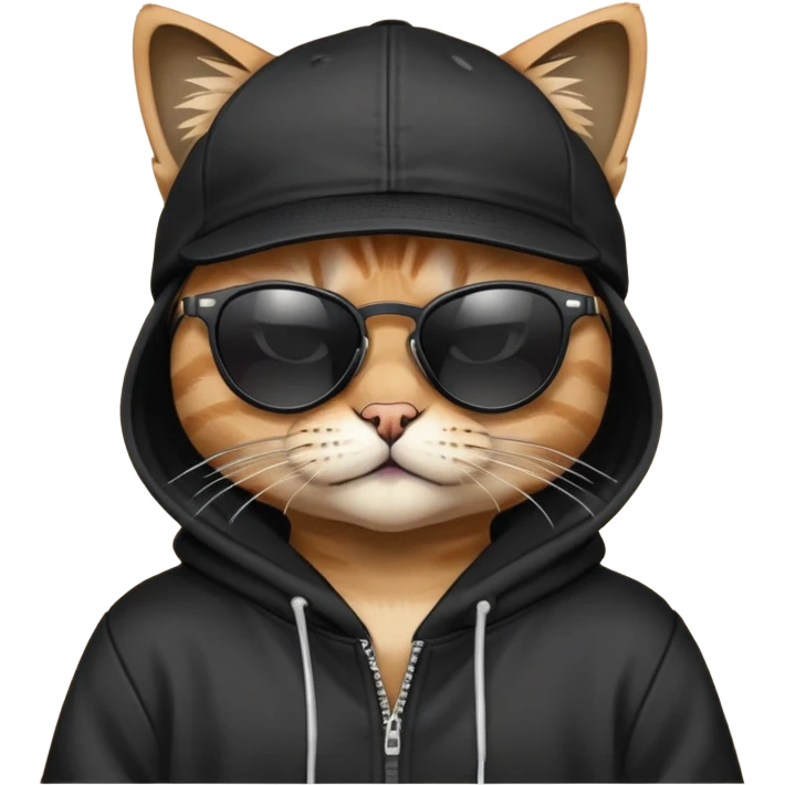 cat wearing a black snapback cap and black hoodie, with black sunglasses positioned low on his nose, looking directly at the viewer over the top of his sunglasses with a cool expression, doing graffiti with spray paint emoji