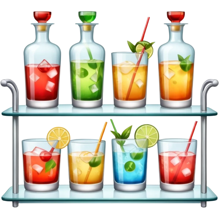A glass shelf filled with cocktail bottles and fancy drinking glasses.
 emoji