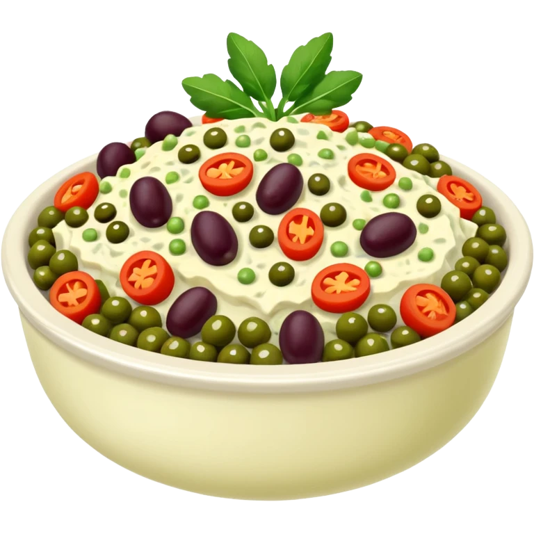 Salată de boeuf: a Romanian festive salad made with finely chopped boiled vegetables, pickles, peas, and beef or chicken, all mixed with mayonnaise and decorated with olives and pickles. emoji