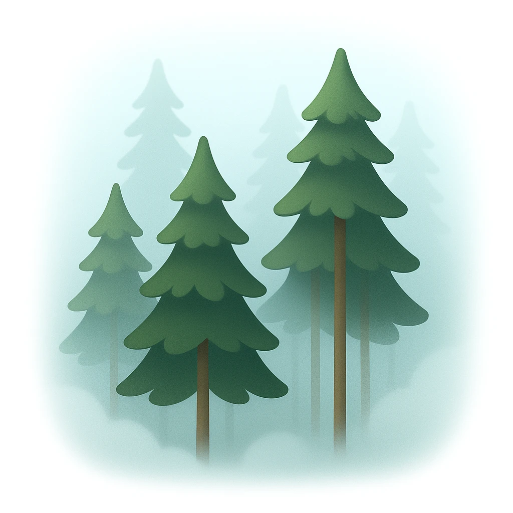 Create a forest emoji inspired by the reference image with tall thin trees, a misty atmosphere, and a simplified emoji-like style. The style should be similar to the reference but adapted for emoji use. emoji