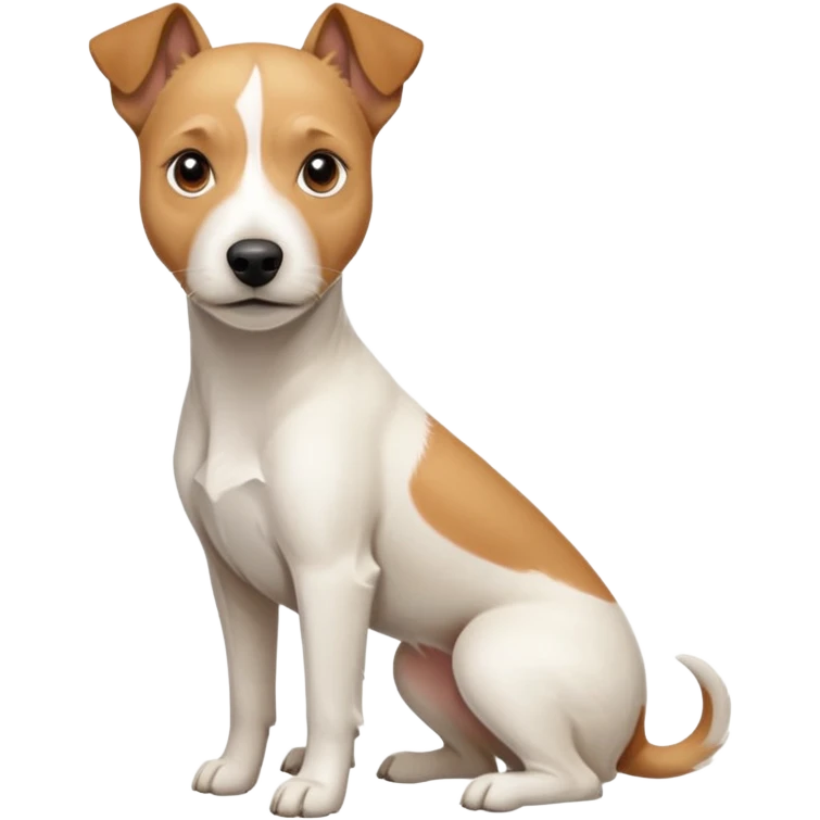 a full body facing front on of a buff white parson russell terrier looking dog the size of a kelpie with light brown long ears resting on its face and a light brown patch on one eye and a large snout. the rest of the dog is completely white.  emoji