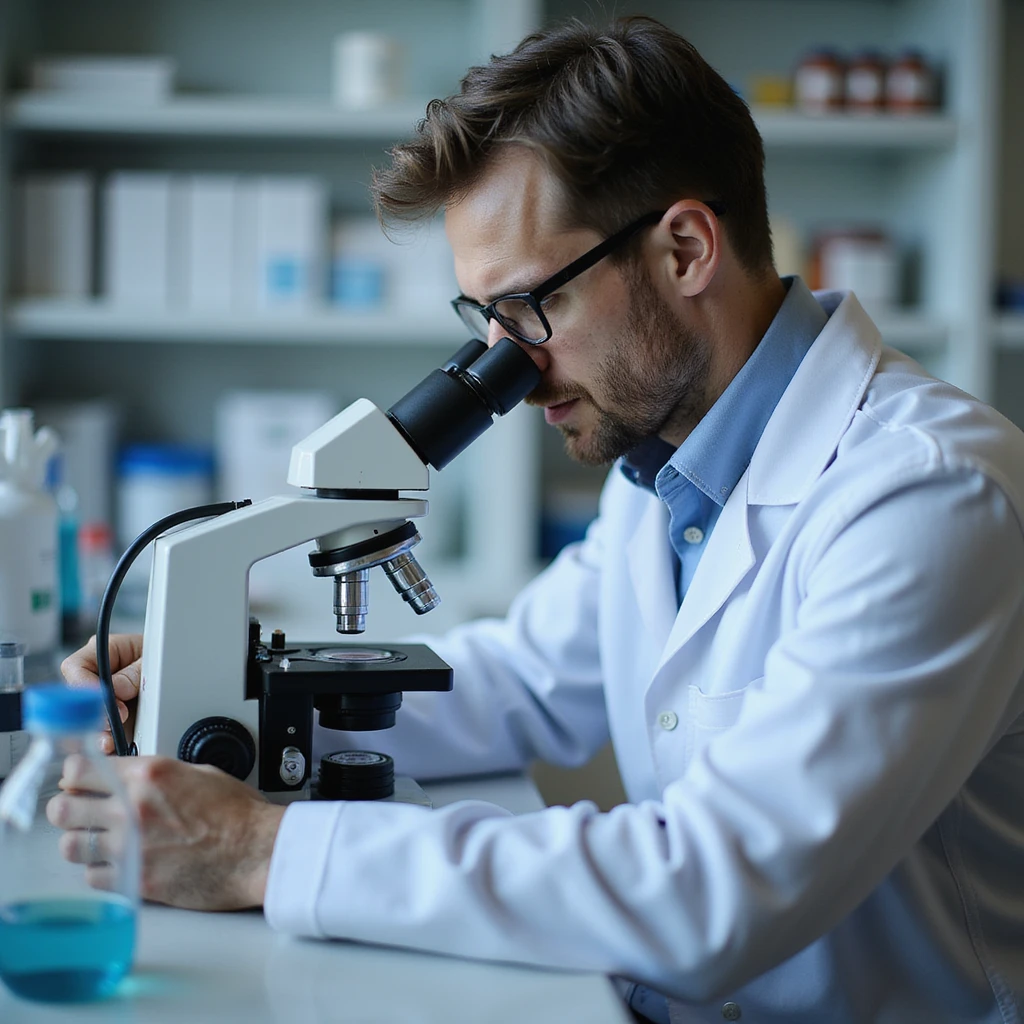 realistic doctor in lab coat observing fecal sample under microscope for parasite research, slides and lab instruments visible, clinical environment emoji