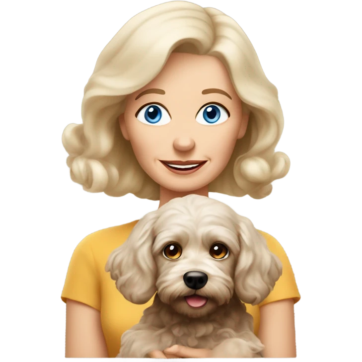 blue eyed old blonde lady with dark brown Cockapoo puppy dog emoji