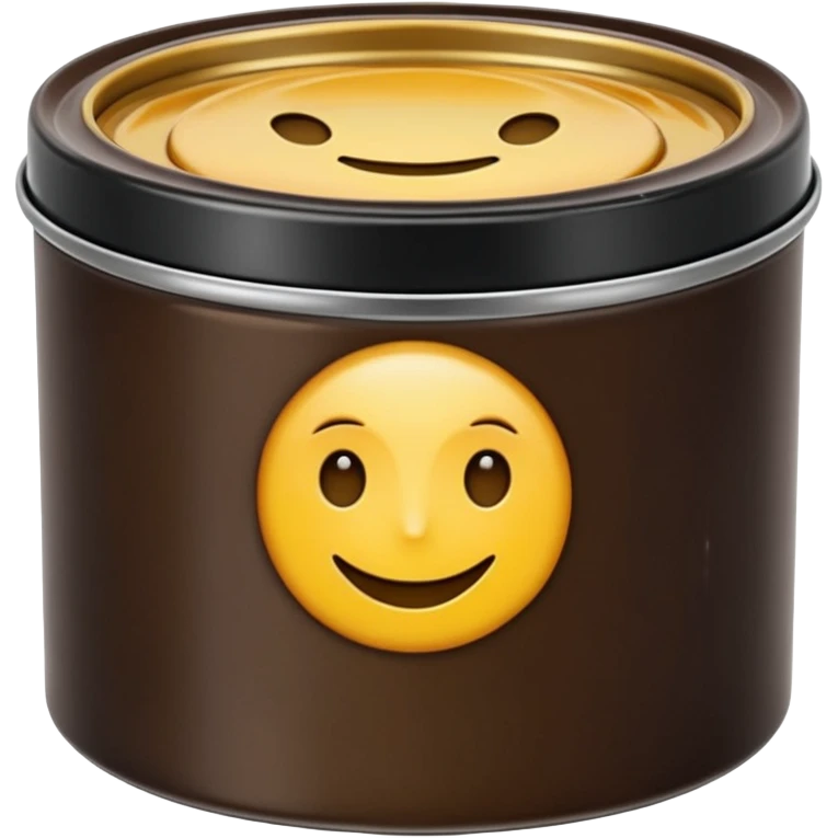 small round metal tin, slightly opened to reveal glossy dark wax inside black or brown, smooth reflective surface with soft circular swirls, low profile tin with subtle metallic sheen, no brush cloth or shoes, apple emoji style, soft lighting, subtle shadows, transparent background, emoji scale emoji