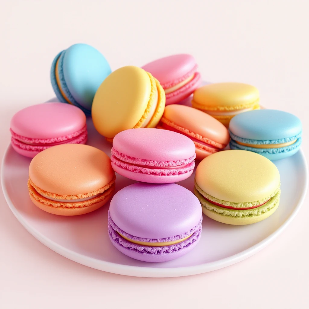 3D model of colorful macarons arranged on a plate, smooth realistic textures, vibrant pastel colors, iOS 18 Flux Kontext Pro style, matching the reference image emoji