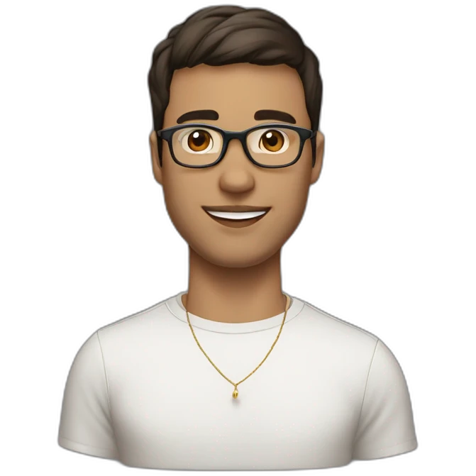 guy with clear glasses and earring in left ear, dark eyes, short brown hair with a fringe, large lips emoji
