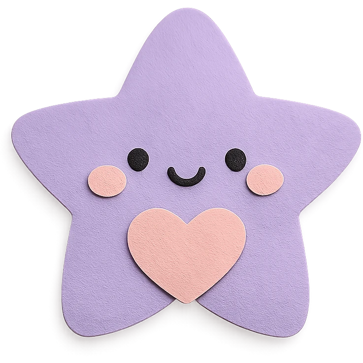 kawaii purple star holding tiny pastel heart, soft pastel palette, no arms or legs, full body, paper craft style emoji