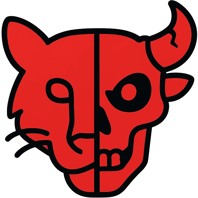 a fully red icon showing the left half of a stoat face seamlessly blending into the right half of a minotaur skull with broken horn and glowing eye, with no dividing line between them, the two halves flow together smoothly, detailed line art but minimalist design, entirely red emoji