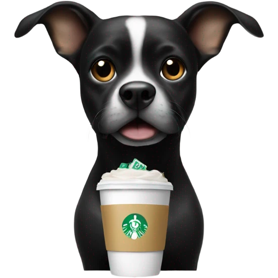 A dog holding a star bucks cup and the dog is black and has a bow on her head emoji