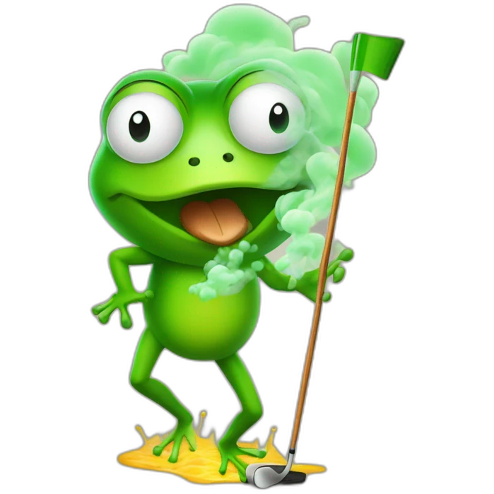farting frog with green gases floating behind playing golf emoji