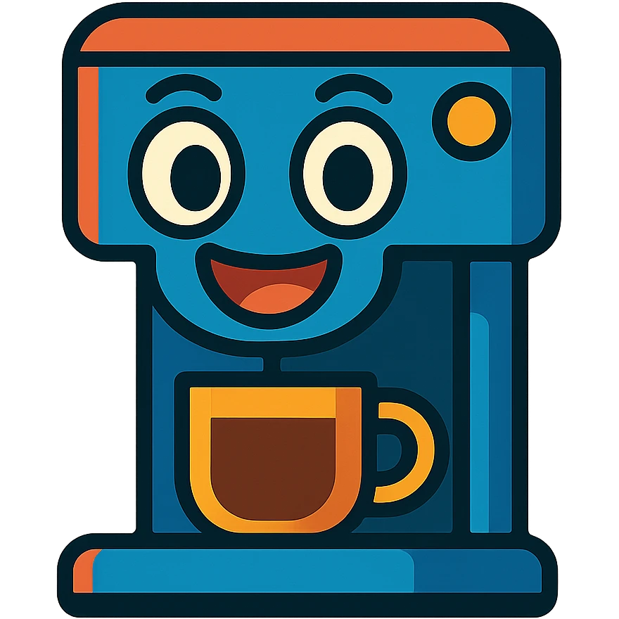 a coffee machine with big eyes and a smiling mouth, personified, showing happiness emoji