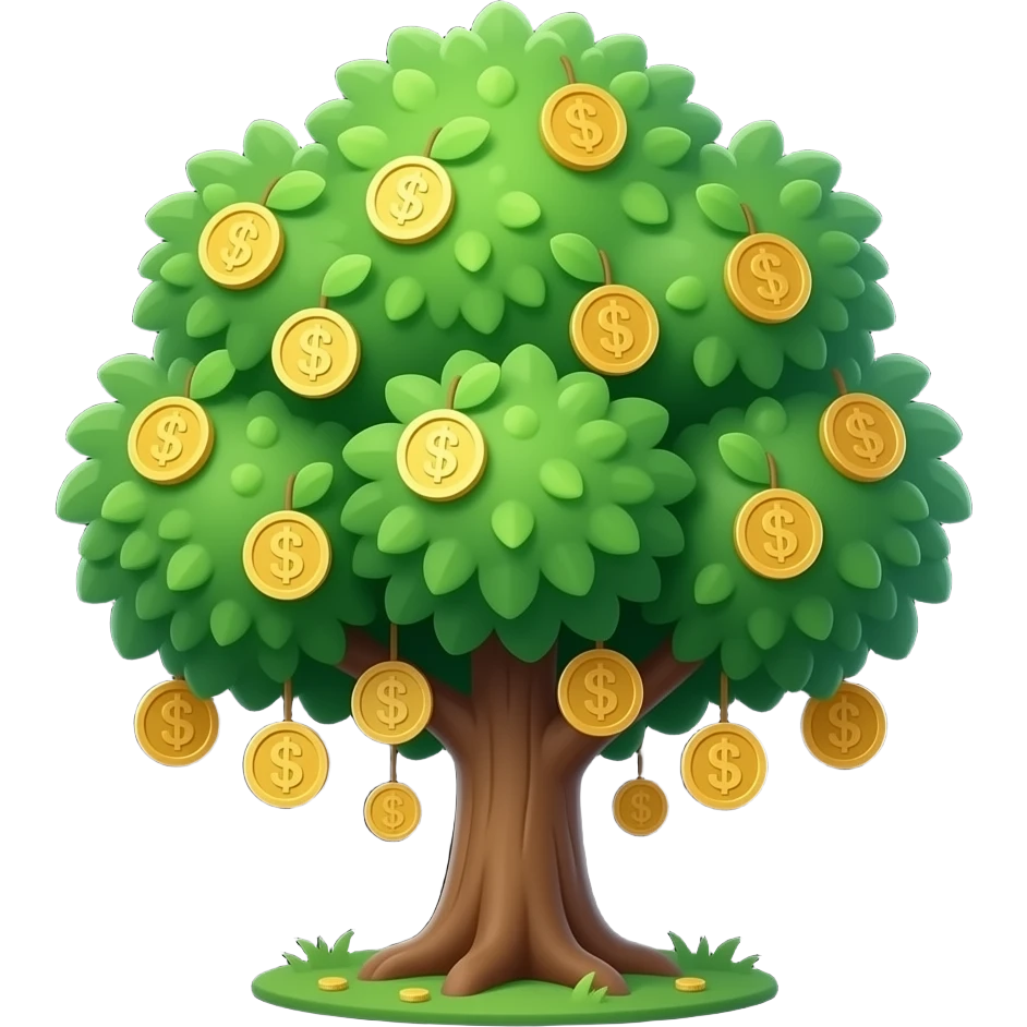 Apple-style money tree, round soft green canopy. No pot, no ground — only the tree. Small gold coins as fruits inside the leaves. Flat 2D vector, clean shapes, no gradients. Dark near-black background, premium fintech icon. emoji
