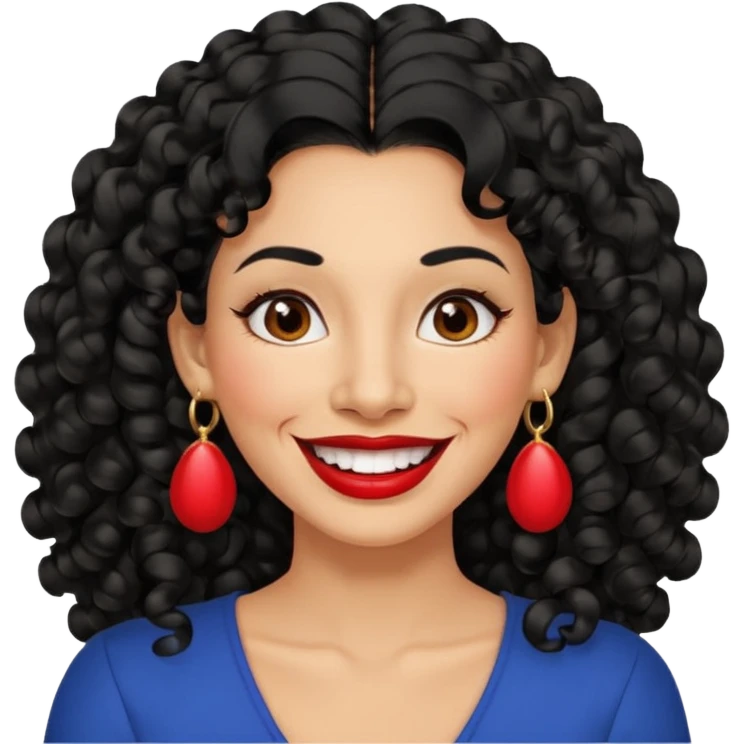 40 yr old peruvian woman, very curly long black hair, red lipstick, big smile, white teeth, brown eyes, hoop earings, hair parted at side emoji