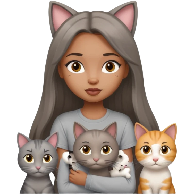 a pretty bratz dusky girl with long straight hair with four cats nd wearing a grey tshirt emoji
