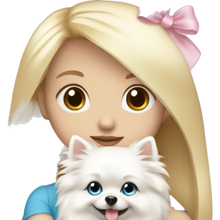 Blond girl white skin blue eyes hugging white Pomeranian with light pink bow emoji