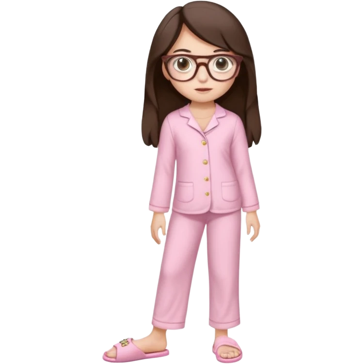 Girl age 20 years old with dark brown long hair, light skin, brown eyes, wearing a miu miu glasses the brown ones, and wearing a top in white with a pair of pyjama pants in pink and it's mocked in light pink too and a slipper in white and she looks pretty  emoji