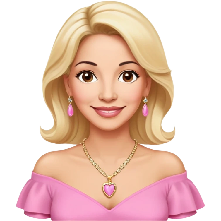 Warm-hearted Linette Torres, Puerto Rican actress in her 50s with light skin, loving expression, gentle eyes, sweet smile, elegant blonde hair, wearing a pink off-shoulder blouse and a pendant necklace emoji