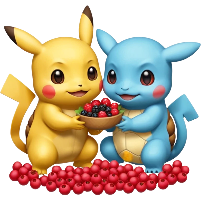 Two Pokémon are playing in a field. Pikachu has many berries, but Squirtle has none. Pikachu sees this is unfair, so he shares the berries with Squirtle. They smile and eat together. Show this as a cute Pokémon emoji scene about justice and fairness. emoji