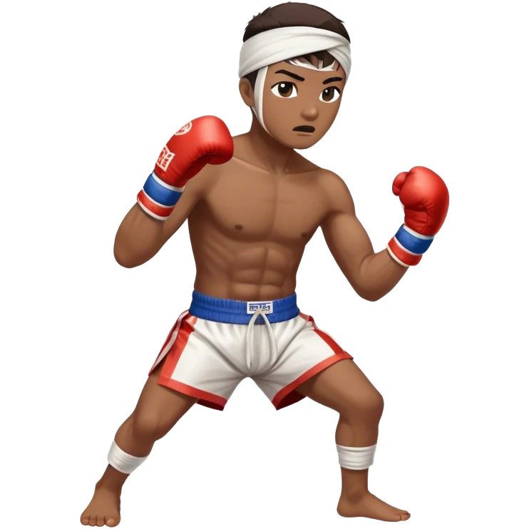 ​Cinematic Realistic Traditional Muay Thai Fighter, depicted in authentic attire featuring white bandaged gloves wrapped around his fists, a traditional headband tied neatly, and classic Muay Thai shorts, captured in a dynamic fighting stance under dramatic, high-energy lighting that highlights the raw power and elegance of the art, emoji
