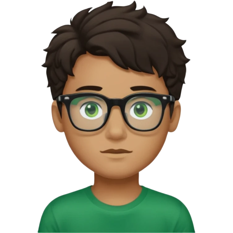 Garçon brun avec des cheveux ondulés courts, peu un peu claire, des yeux verts foncés, un t shirt noir et des lunettes rectangulaires transparentes emoji