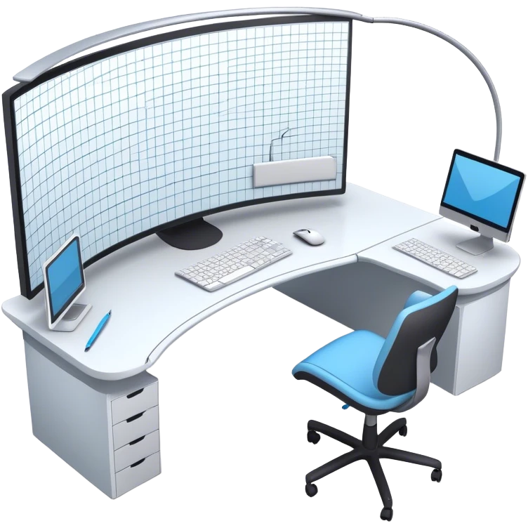 Create an emoji for 3D visualization and modeling. Show a 3D object like room model with grid lines on a big curved monitor. Add a modeling tool a mouse and stylus. Use modern, professional colors. Do not include any emojis or smiley faces. Make the background transparent. emoji