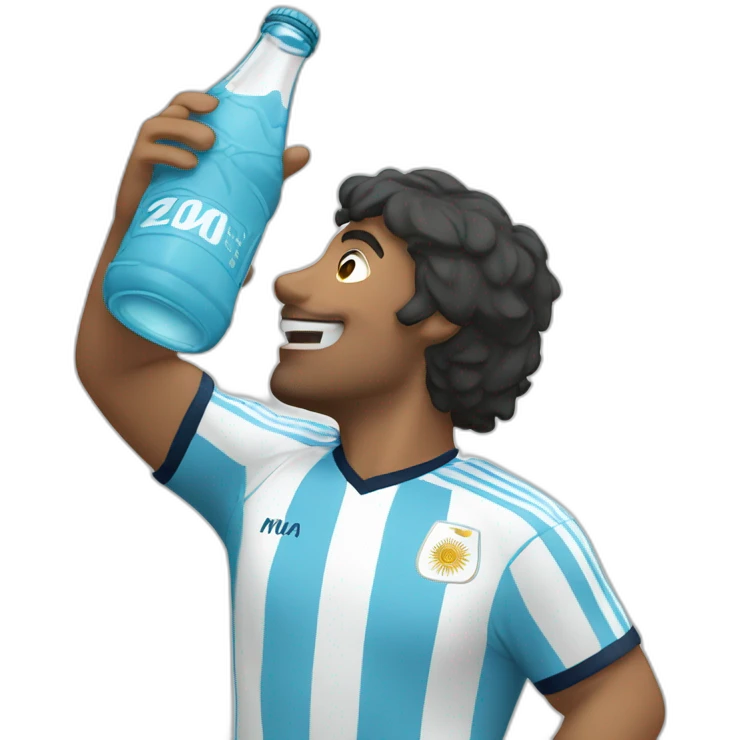 man in argentina soccer uniform standing up cheering and drinking mate emoji