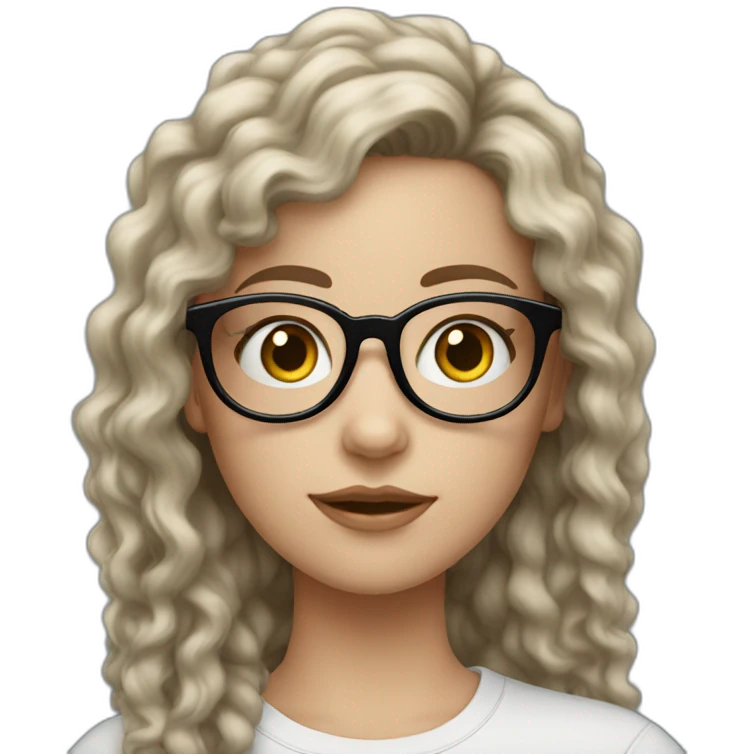 White girl with long black curly hair wearing specs emoji