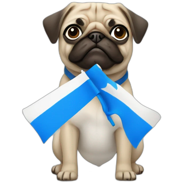 pug holding a white flag with a blue cross through it emoji