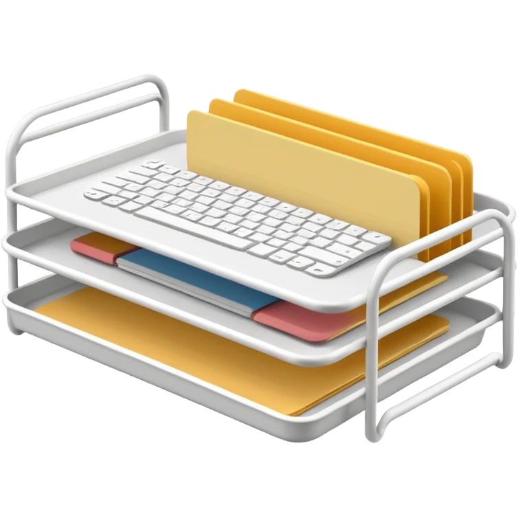 A minimal, clean emoji-style illustration of a white metal desk paper organizer tray, shown in slight isometric view so its structure is readable at a small scale. The organizer is rectangular with rounded corners, made of thin white metal wires, forming two to three stacked horizontal slots. emoji