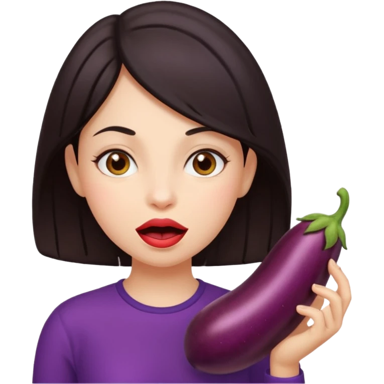 Dark hair girl with eggplant in mouth emoji